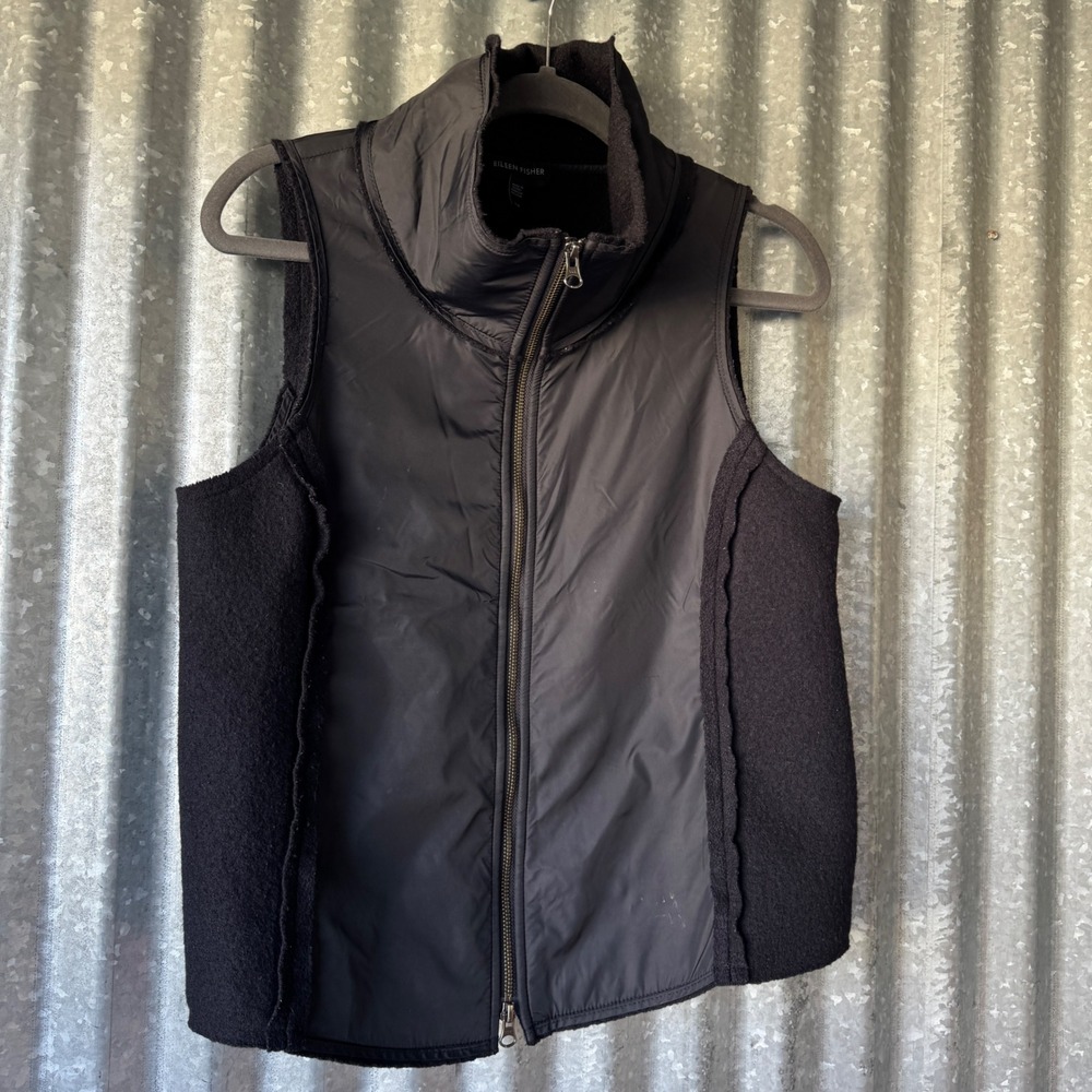 Eileen Fisher Black Wool Nylon Mixed Media Zip Up Vest S/P F4BWT funnel collar